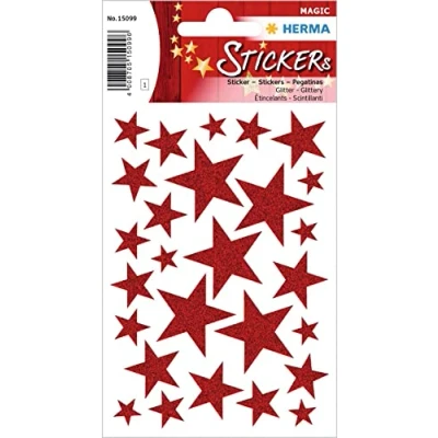 Abbildung von HERMA 15099 Aufkleber Sterne Glitzer Rot, 27 Stück, Stern Sticker aus Folie, Weihnachtssticker Sternaufkleber für Weihnachten Geschenke Adventskalender Dekoration Kinder Belohnung DIY Basteln