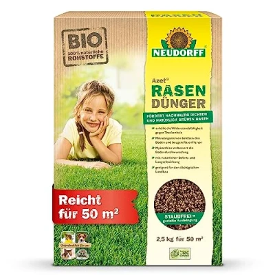 Abbildung von Neudorff Azet Rasendünger Bio für 50 m² sorgt eine dichte, grüne und strapazierfähige Rasenfläche mit 6 Monaten Langzeitwirkung, 2,5 kg