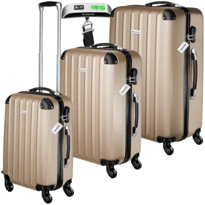 Abbildung von tectake Trolley 3er Kofferset, 4 Rollen, 3 teilig aus robustem ABS Kunststoff inkl. Kofferwaage und anhänger