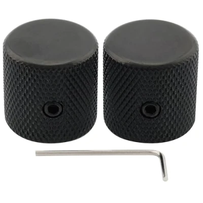 Abbildung von Musiclily Pro 1/4&quot; Stahl Fein Rändel Potiknopf Flache Top Knobs mit Schraubbar Universeller Fitting für E Gitarre oder Bass, Schwarz (2 Stück)