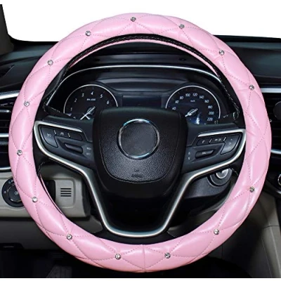 Abbildung von Mayco Bell Diamond Lenkradbezug für Damen, Leder Bling Cute Car Universal 15inch mit Crystal (Pink)