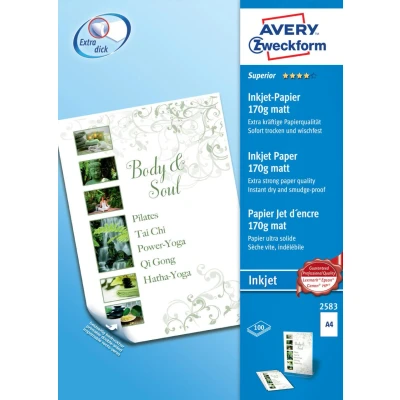 Abbildung von AVERY Zweckform 2583 Superior Inkjet Papier (100 Blatt, 170 g/m², DIN A4 Papier, beidseitig beschichtet, matt, FSC, Tintenstrahldrucker, Druck mit idealer Farbwiedergabe, sofort trocken &amp; wischfest)