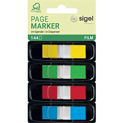 Abbildung von SIGEL HN495 Haftmarker Mini im Spender, 144 Streifen Format 12 x 43 mm, gelb, grün, rot, blau