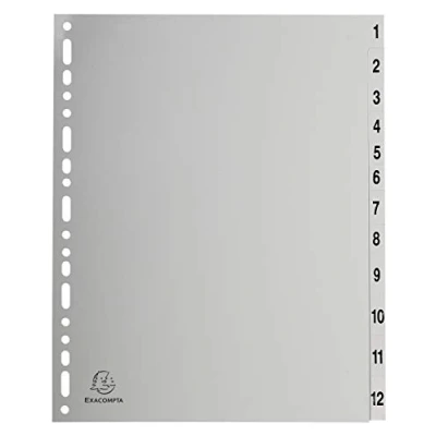 Abbildung von Exacompta 2912E Kunststoff Register 1 12 für DIN A4 MAXI aus recyceltem teilig volle Höhe 24 x 29,7 cm grau mit bedruckten Taben Universallochung Blauer Engel Trennblätter Trennstreifen