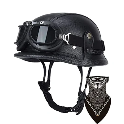 Abbildung von DIRERTYS Leder Motorrad Halbhelme Retro Halbschalenhelm JetHelm mit Visier Schnellverschluss Schnalle für Cruiser Chopper Biker Moped DOT/ECE Zulassung