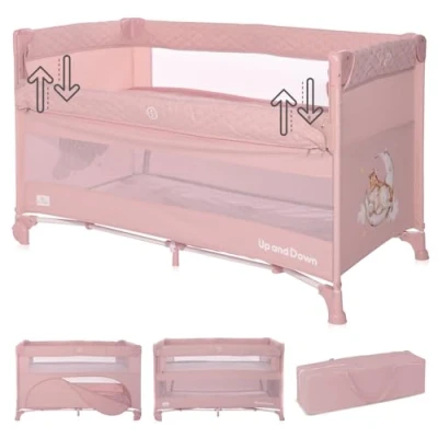 Abbildung von Lorelli 3 in 1 Babybett, Beistellbett und Laufstall Up and Down, Kinderbett mit 2 Ebenen, Seiteneingang Faltbarer Seitenwand, Baby Reisebett, rosa