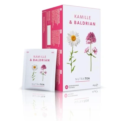 Abbildung von Nutra Tea Kamille &amp; Baldrian, Beruhigungstee zum Entspannen, Einschlaftee, Baldriantee zur Unterstützung beim einschlafen, 20 wiederverwendbare Teebeutel, Kräutertee mit Baldrian
