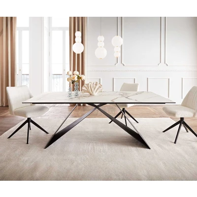 Abbildung von Esstisch Edge 200x100 Keramik Calacatta Luxe Weiß Gold Grau V Gestell Flachstahl Schwarz