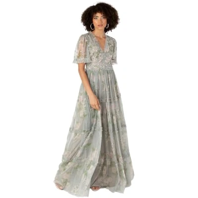 Abbildung von Anaya with Love Damen Women&#039;s Maxi Dress Ladies V Neck Short Angel Sleeves Tiered Ruffle for Bridesmaid Wedding Guest Occasion Prom Ball Gown Kleid, Floral Sage Green, 38 EU