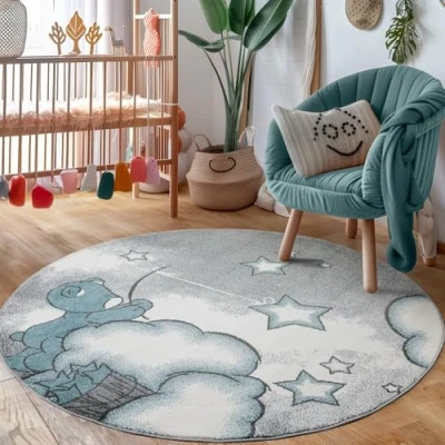 Abbildung von Carpettex Kinderteppich süße Bär Design Blau 160 cm Rund Kurzflor Teppich Kinderzimmer für Mädchen und Jungen Pflegeleicht Weich Waschbarer Spielteppich Babyteppich Gaming Babyzimmer