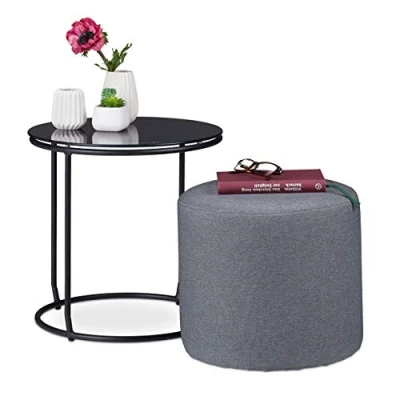 Abbildung von Relaxdays Beistelltisch mit Hocker, rund, Couchtisch und Pouf Kombination, platzsparend, HxD 40x40cm, schwarz grau