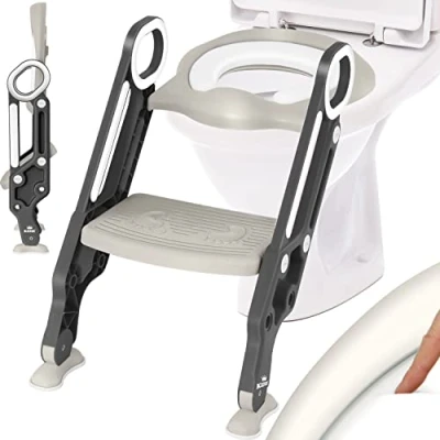Abbildung von KIDIZ® Kinder Toilettensitz Toilettentrainer mit Treppe und Griffe Faltbar Kindertoilette WC Sitz Töpfchentrainer Lerntöpfchen bequemem Kissen breiten Stufen Toilettentreppe höhenverstellbar Grau