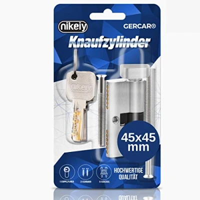 Abbildung von GERCAR Pro Knaufzylinder 45/45 Massiver Schließzylinder mit Knauf Zylinderschloss Türschloss aus Messing Matt Vernickelt inkl. 5 Schlüssel Wendeschlüssel Länge: 90 mm, A:45 B:45 1x