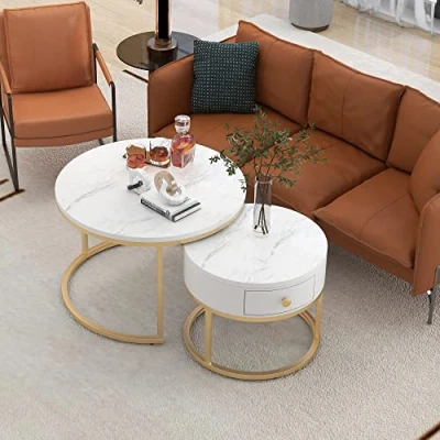 Abbildung von Merax Couchtisch Rund, Satztisch 2er Set, Moderne Beistelltisch Wohnzimmertisch Nesting Kaffeetisch mit Schublade, Gold Metallgestell, Marmormuster, Sofatische für Schlafzimmer Balkon Büro, Weiß