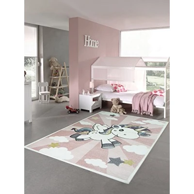 Abbildung von CARPETIA Kinderteppich Spielteppich Babyteppich Mädchen Einhorn Regenbogen rosa Creme Größe 120 cm Rund