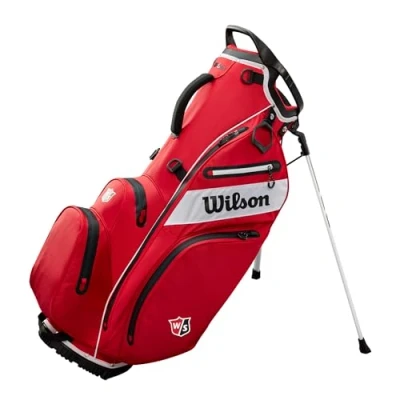 Abbildung von Wilson Golftasche, W/S Exo Dry Stand Bag, Trage /Trolleytasche, 5 Fächer für diverse Golfschläger, Golf Zubehör Damen und Herren, Rot / Schwarz Weiß