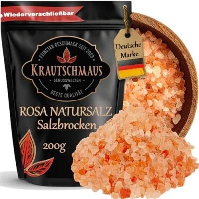 Abbildung von Krautschmaus rosa Natursalz grob 200g, bekannt als Himalaya Salz, Kristallsalz aus Salt Range Pakistan, grobes Steinsalz, pinkes Speisesalz ohne Zusatzstoffe