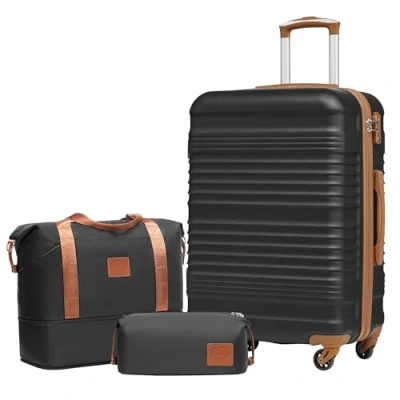Abbildung von COOLIFE Koffer Set Trolley ABS Hartschale Reisekoffer 4 Rollen TSA Schloss einziehbarer Der Enthält 1 Reisetasche und Kulturbeutel (Schwarz/Braun, Mittlerer 3tlg)