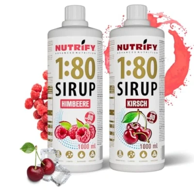 Abbildung von NUTRIFY Vital Fitness Drink 1:80 Sirup 2x1 L Set Kirsche &amp; Himbeere, Getränkekonzentrat mit Vitaminen Carnitin zuckerfrei 160 Liter Sportgetränk kalorienarm 2er Pack, 2x 1000 ml