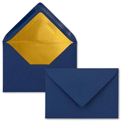 Abbildung von 50x Briefumschläge B6 mit Gold Innenfutter 12,5 x 17,6 cm Nachtblau (Blau) gefüttert metallic Papier Nassklebung FarbenFroh by GUSTAV NEUSER