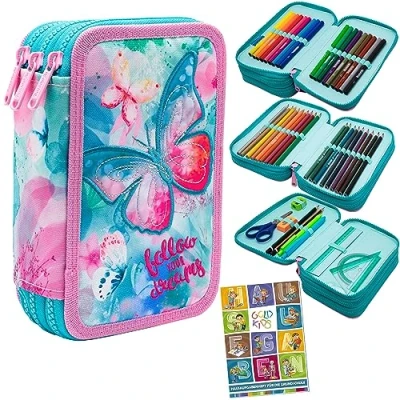 Abbildung von GOLDKIDS Federmäppchen Federtasche 3 fache Federmappe Colorino DREAMS SCHMETTERLING, (46 teilig gefüllte Schüleretui Stifte und, 1 tlg., Pinsel inkl. Aufgabenheft Federbox), Etui Stiftetasche Schlamper Schul