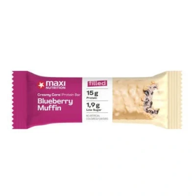 Abbildung von MaxiNutrition Creamy Core Bar Blueberry Muffin, 12x45g Filled Protein Riegel, 33% Eiweißgehalt 15g je low Sugar (1,9g), ohne Zuckerzusatz, künstliche Aromen, Born &amp; Developed in Germany