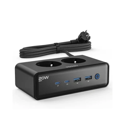 Abbildung von VOOMY Mehrfachsteckdose mit USB (20W), Steckdosenwürfel 4000W, Steckdosenleiste Überspannungsschutz, 2 C und USB, 2m Verlängerungskabel, Steckerleiste Schalter, Für Laptop, Handy, Tablet