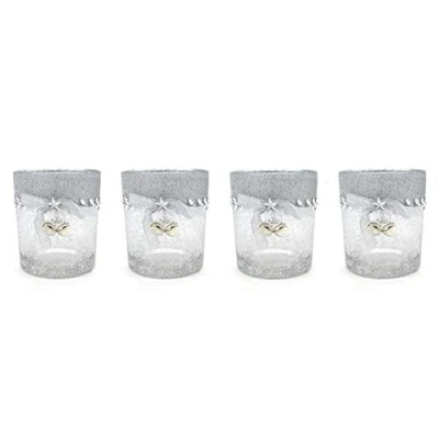 Abbildung von DARO DEKO Teelichthalter aus Glas Silber gesprenkelt mit Glöckchen und Stern 4 Stück 7 x 8cm