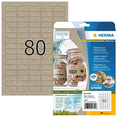 Abbildung von HERMA 10751 Universal Etiketten aus Graspapier, 20 Blatt, 35,6 x 16,9 mm, 80 pro A4 Bogen, 1600 Stück, selbstklebend, bedruckbar, matt, blanko Silphie Papier Klebeetiketten Aufkleber, natur braun