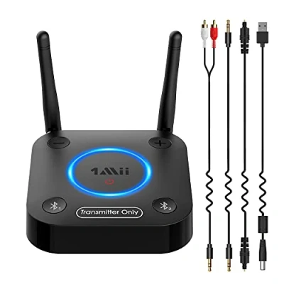 Abbildung von 1Mii Bluetooth 5.2 Transmitter für TV, Große Reichweite Audio Adapter, aptX HD Low Latency Sender 2 Kopfhörer Lautsprecher, 3,5mm AUX/Optisch/Coaxial Kabel, Lautstärkeregelung