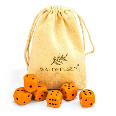 Abbildung von Waldfelsen 6, 12, 20, 30 oder 50 hochqualitative Holzwürfel aus echtem Buchenholz Augenwürfel Spielwürfel Holz in 16 mm Standardwürfel mit Stoffbeutel Würfelset (Orange, 6 Stück)