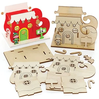 Abbildung von Baker Ross FE967 Elfenhaus Teelichthalter Bastelset aus Holz 3er Pack, Holzteelichthalter für Kinder zum Basteln und Bemalen, Weihnachtsbastelsets