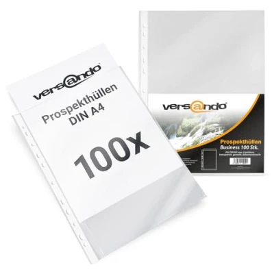 Abbildung von versando 100x A4 Prospekthüllen Business mit Heftrand Klarsichthüllen genarbt transparent 60my (1x 100 Stück)