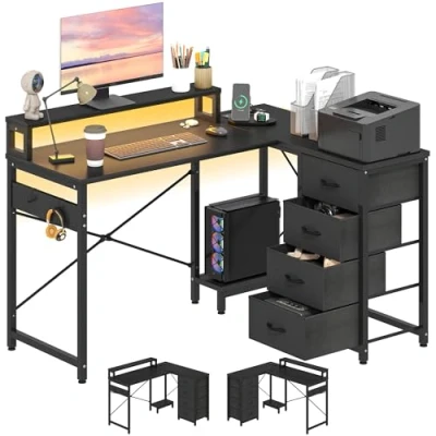 Abbildung von YITAHOME Schreibtisch, Eckschreibtisch mit 4 stufigem DIY Aufbewahrungsregal Multifunktionstisch 2 USB Anschlüssen &amp; Steckdosen für das Homeoffice, Studium, Wohnzimmer, 130x100x75cm, Schwarz