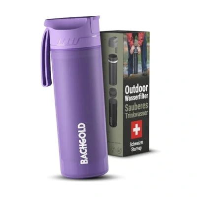 Abbildung von Bachgold® Profi Outdoor Wasserfilter Flasche [650ml] mit 1500L Filterkapazität I entfernt 99,99% aller Bakterien und filtert Viren, Partikel Schwermetalle Lila