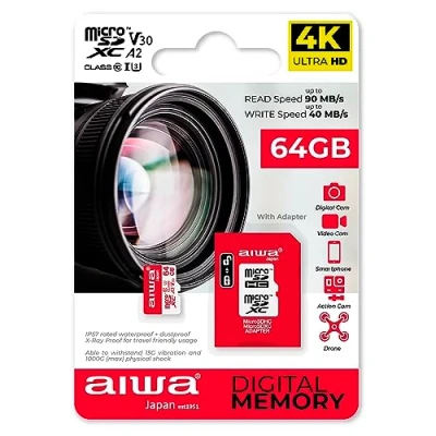 Abbildung von AIWA MSDV30 64GB MICROSDXC Class 10 U3 UHS Speicherkarte mit Adapter A2 SDXC IP57 90Mbps