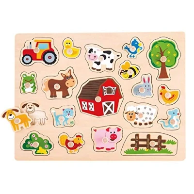 Abbildung von Lelin Steckpuzzle 20074 Großes Holzpuzzle mit Knauf Thema Farm, 19 Puzzleteile