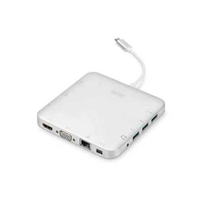 Abbildung von DIGITUS USB C Multiport Docking Station 11 Ports 1x HDMI, mDP, VGA (4K@30Hz) 3x 3.0 / 2.0, Typ RJ45 LAN, Klinke Audio, Kartenleser Silber