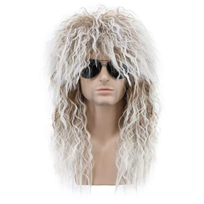 Abbildung von karlery Herren und Damen Lang Lockige Braune Weiß Perücke 70er 80er Rocker Mullet Vokuhila Männer Party Kostüm