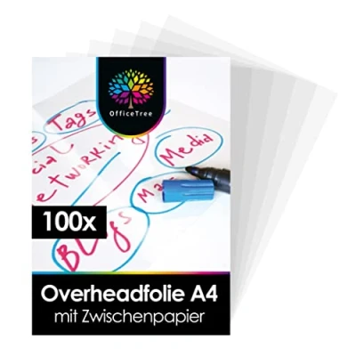 Abbildung von OfficeTree 100 x Overheadfolie A4 OHP Folien glasklar Folie für Laserdrucker Overheadfolien auch als Kopierfolie, Projektorfolie oder Drucker geeignet