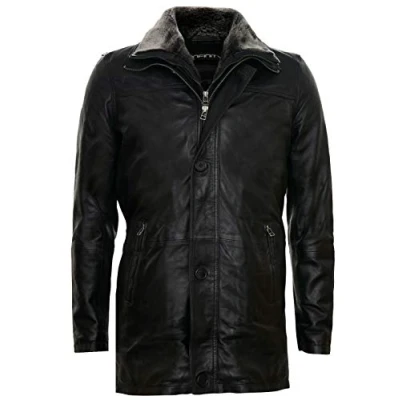 Abbildung von Infinity Leather Herren Schwarzes Leder Abnehmbarer Fleecekragen Mittellange Warme Manteljacke 2XL
