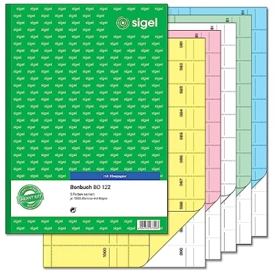 Abbildung von SIGEL BO122 Bonbücher Bonblocks Sparpack im 5er Set á 1000 Abrisse, in gelb, rosa, weiß, grün, blau, A4, 2x50 Blatt (jeweils nummeriert von 1 1000)