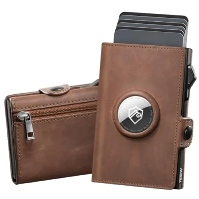 Abbildung von YESIIW Portmonee Herren Airtag Echtes Leder mit Große Kapazität Pop up Geldbeutel für 12 Karten, Groß Münzfach &amp; ID Fenster, Geldbörse RFID Schutz Smart Wallet (Echtes Leder)