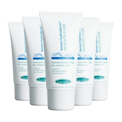 Abbildung von benevi Hydroderm Gesichts Fluid 5 x 50ml: Creme bei Akne und einer irritierten, trockenen Haut durch eine Aknetherapie. Produkte der Pflege Serie kann Hautirritationen lindern.