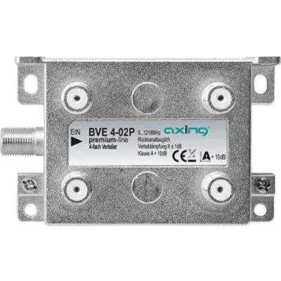 Abbildung von Axing BVE 4 02P fach BK Verteiler für Kabelfernsehen Multimedia Digital TV 5 1218 MHz F Anschluss metall