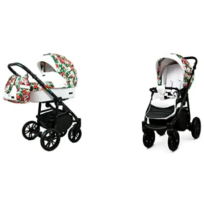 Abbildung von BabyLux Color Lux 2 in 1 Baby Kinderwagen Tief und mit Zubehör Verstellbar faltbar Aluminiumkonstruktion Wasserdichte Nicht abnehmbare Räder Small Roses Black Frame