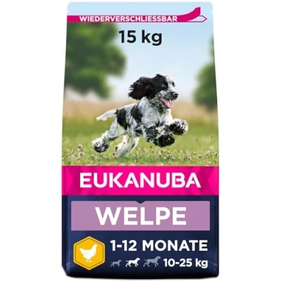 Abbildung von Eukanuba Welpenfutter mit frischem Huhn für mittelgroße Rassen, Premium Trockenfutter Junior Hunde, 15 kg