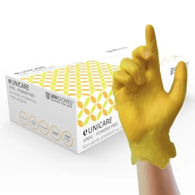 Abbildung von UNIGLOVES Gelb weichem Vinyl Einweg Handschuhe Klein Box von 100
