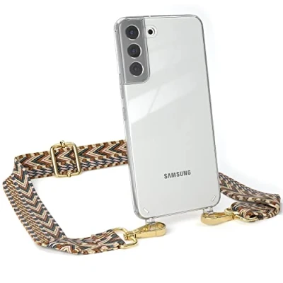 Abbildung von EAZY CASE Handykette Verstellbares Taschenband kompatibel mit Samsung Galaxy S22 Plus, Schulterriemen, Handykordel Silikon Hülle, Umhängetasche, Hell Braun/Braun Endstücke Gold