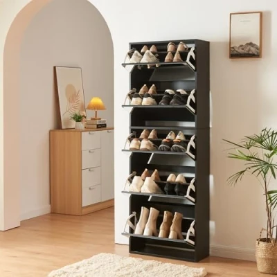 Abbildung von [en.casa] Schuhschrank Lund Schuhkipper mit 5 Klappen verspiegelt Schuhkommode für 20 Paar Schuhe 169 x 60 24 cm Schwarz
